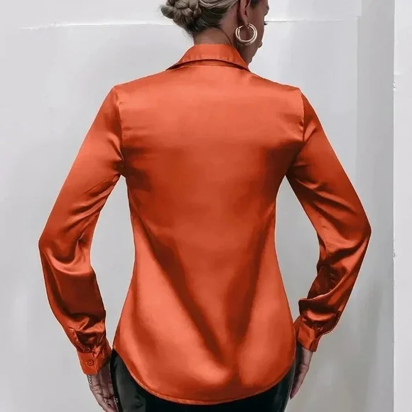 Orange Elegant Women's Satin Button down Shirt - Picture 2 of 6
